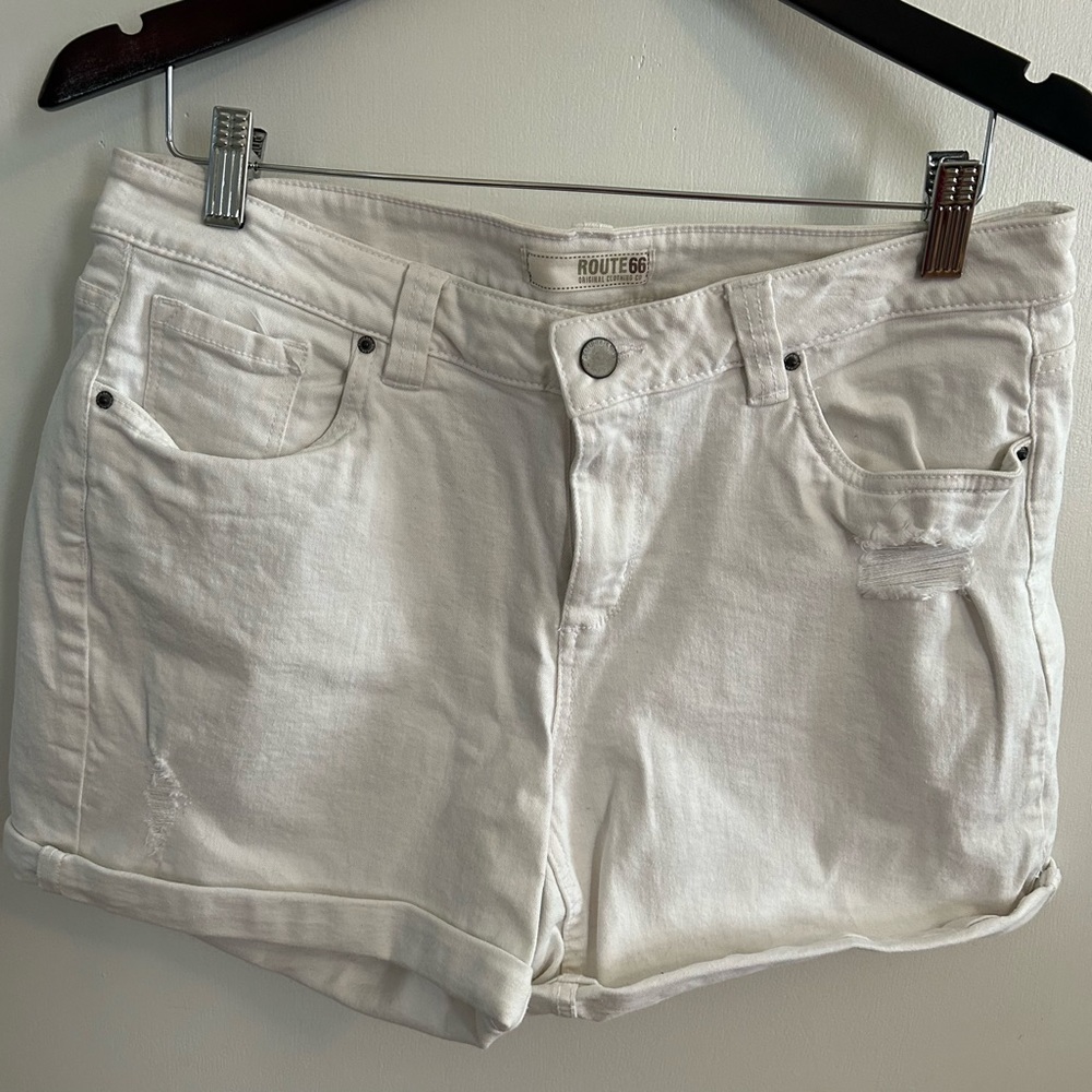 Womens Size 10 White Denim Shorts Distressed Mid Rise Rolled Hem Summer